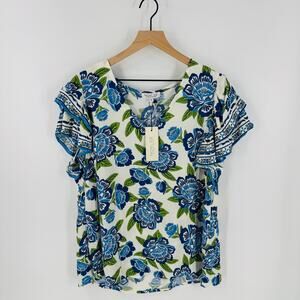 Rachel Zoe NWT Blue Floral Ruffle Sleeve Top Size 1X Boho Resort Blouse